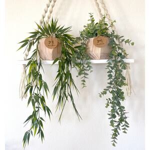 Set of 2 - Hanging Faux Bamboo and Eucalyptus Plant in Handmade Wood Pot